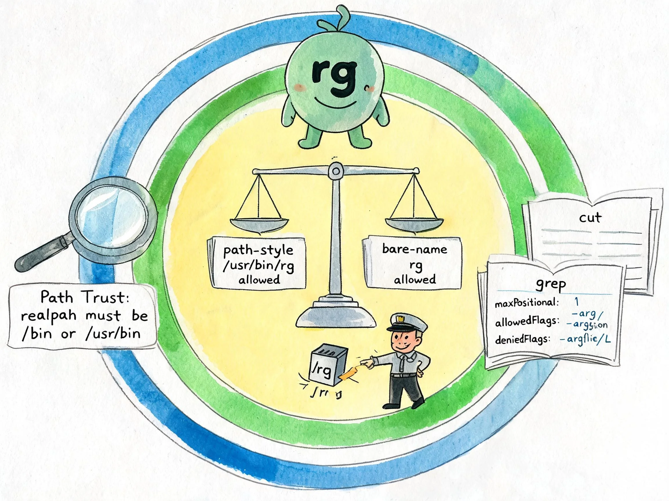Safe-Bin + Allowlist 三层防线：路径信任 → profile 校验 → glob allowlist 严格区分 path-style 与 bare-name